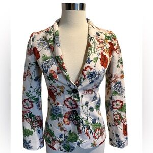 Zara White Floral Blazer with Red and Green Accents